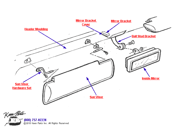 Inside Mirror &amp; Sunvisor Diagram for a 1973 Corvette