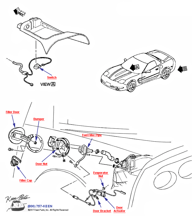 Gas Door and Fuel Filler Hoses Diagram for a 1990 Corvette