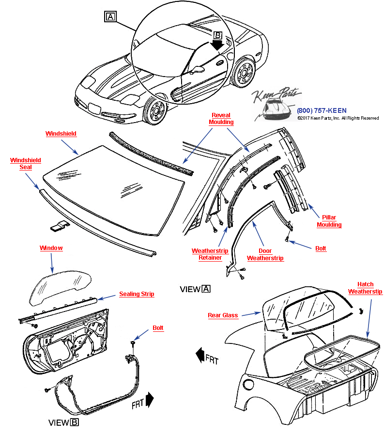 Body Weatherstrip and Glass - Hardtop Diagram for a 1959 Corvette