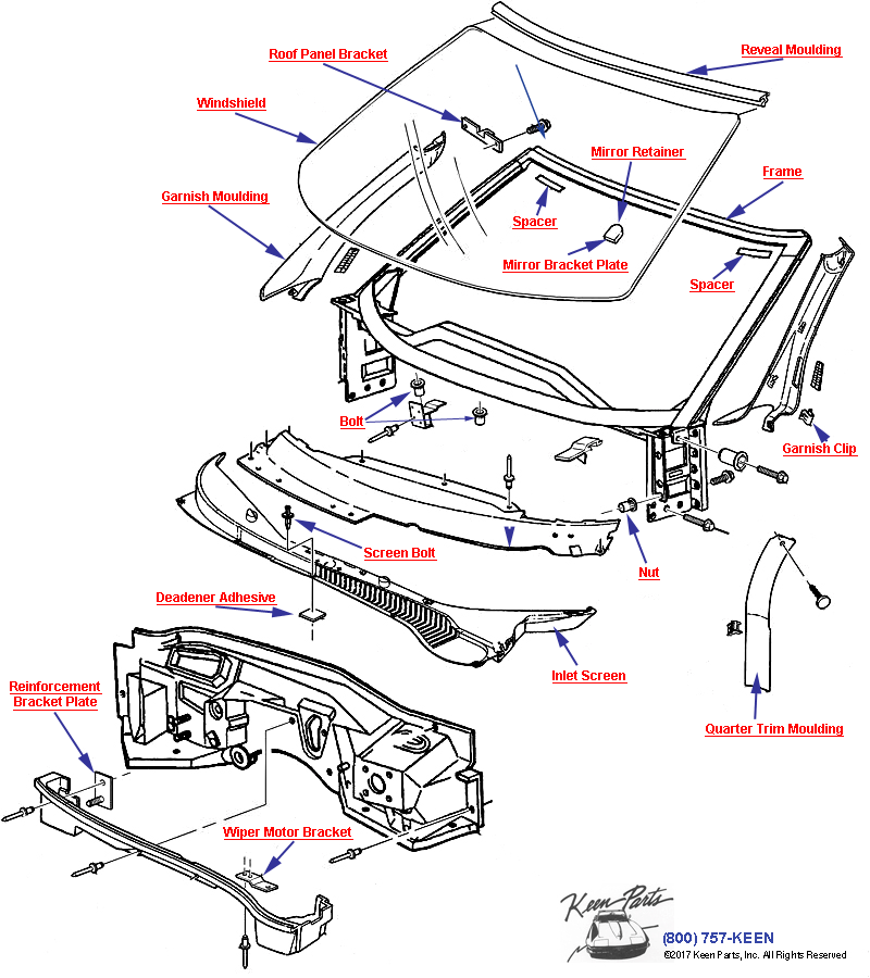 Windshield Trim and Hardware Diagram for a 1976 Corvette