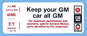 Corvette Keep Your Car All GM Decal (Code 8995165) EY